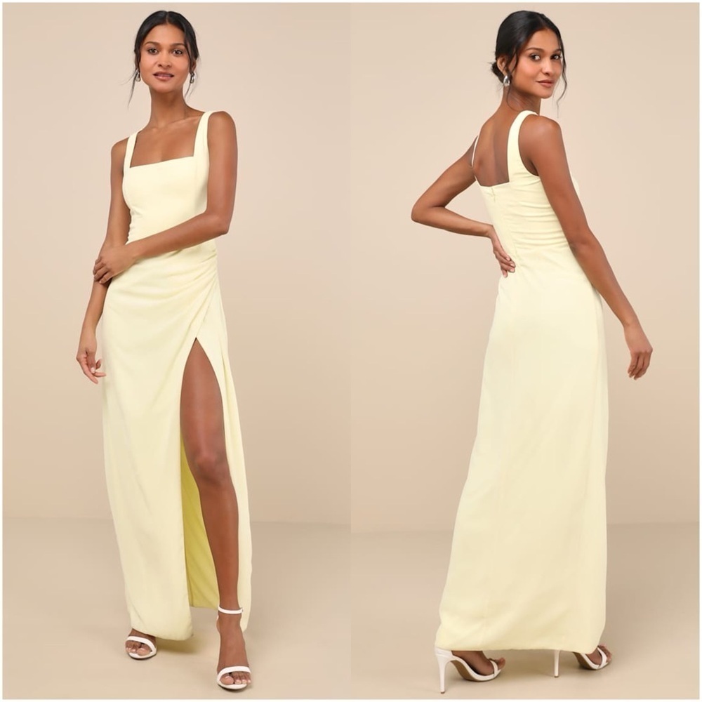LULU’S Glamorous Disposition Light Yellow Ruched Maxi Dress